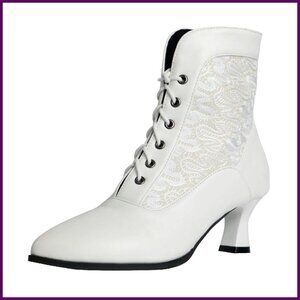 Victorian Lace Ankle Boots Mid Heel Pointed Toe Wedding Steampunk